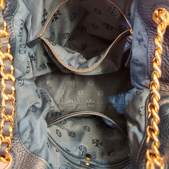 Tory Burch Marion Slouchy Tote Hudson Bay/ Navy Pebbled Leather - Picture 9 of 14